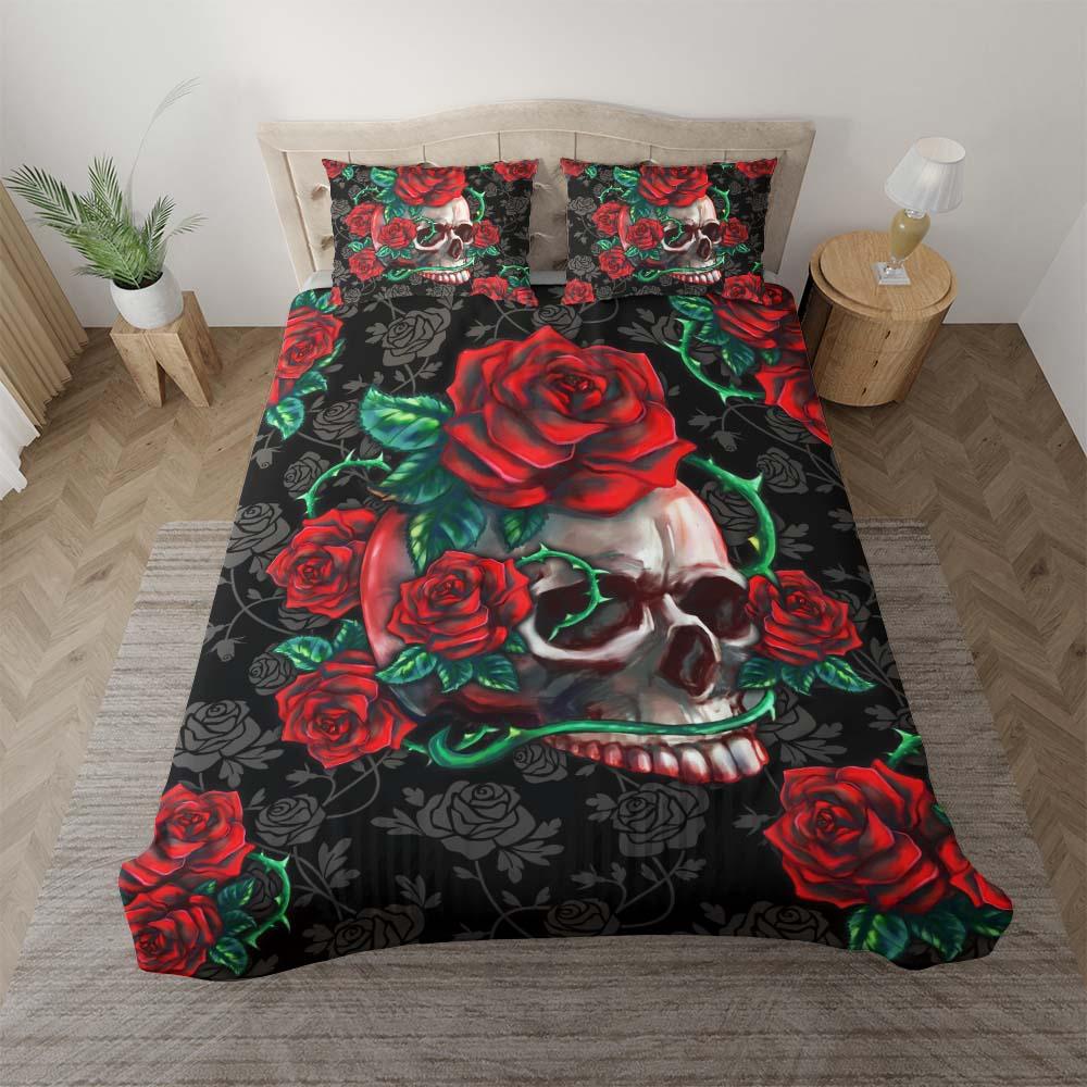 Skull Red Rose Art Duvet Cover Set - Wonder Skull