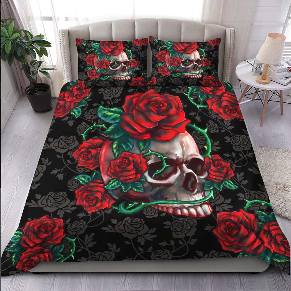 Skull Red Rose Art Duvet Cover Set - Wonder Skull