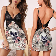 Skull Rose Art Lace Chemise Nightgown, Sexy Night Dress - Wonder Skull