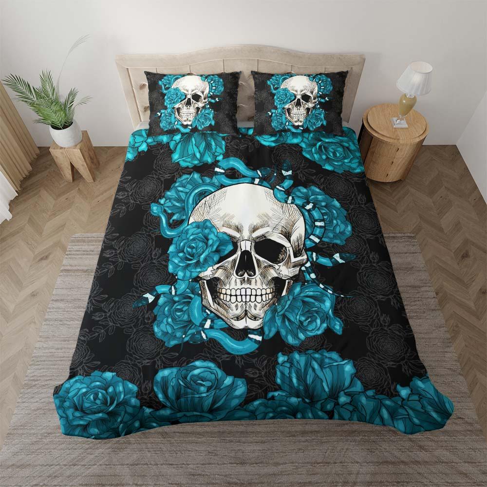 Skull Snake With Cyan Roses Duvet Cover Set - Wonder Skull