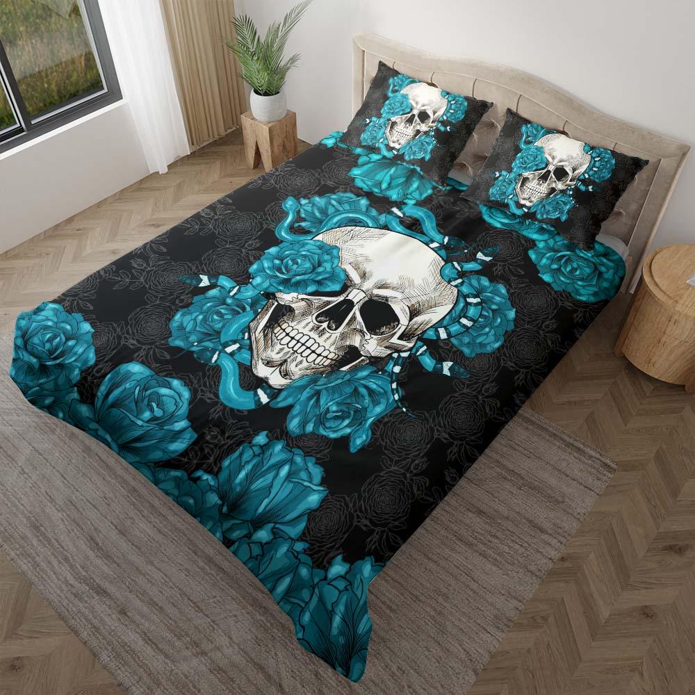 Skull Snake With Cyan Roses Duvet Cover Set - Wonder Skull