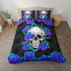 Skull Snake With Violet Gradient Roses Duvet Cover Set - Wonder Skull