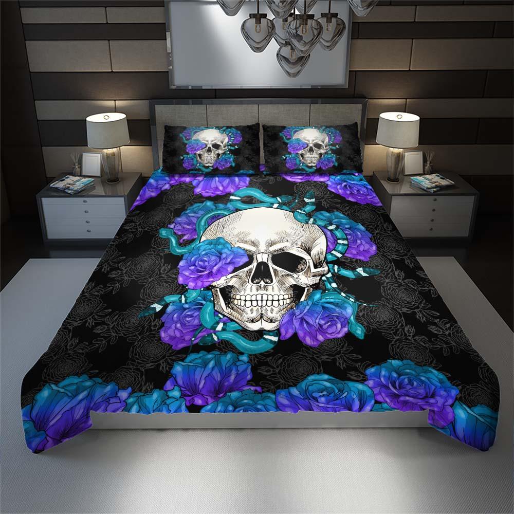 Skull Snake With Violet Gradient Roses Duvet Cover Set - Wonder Skull