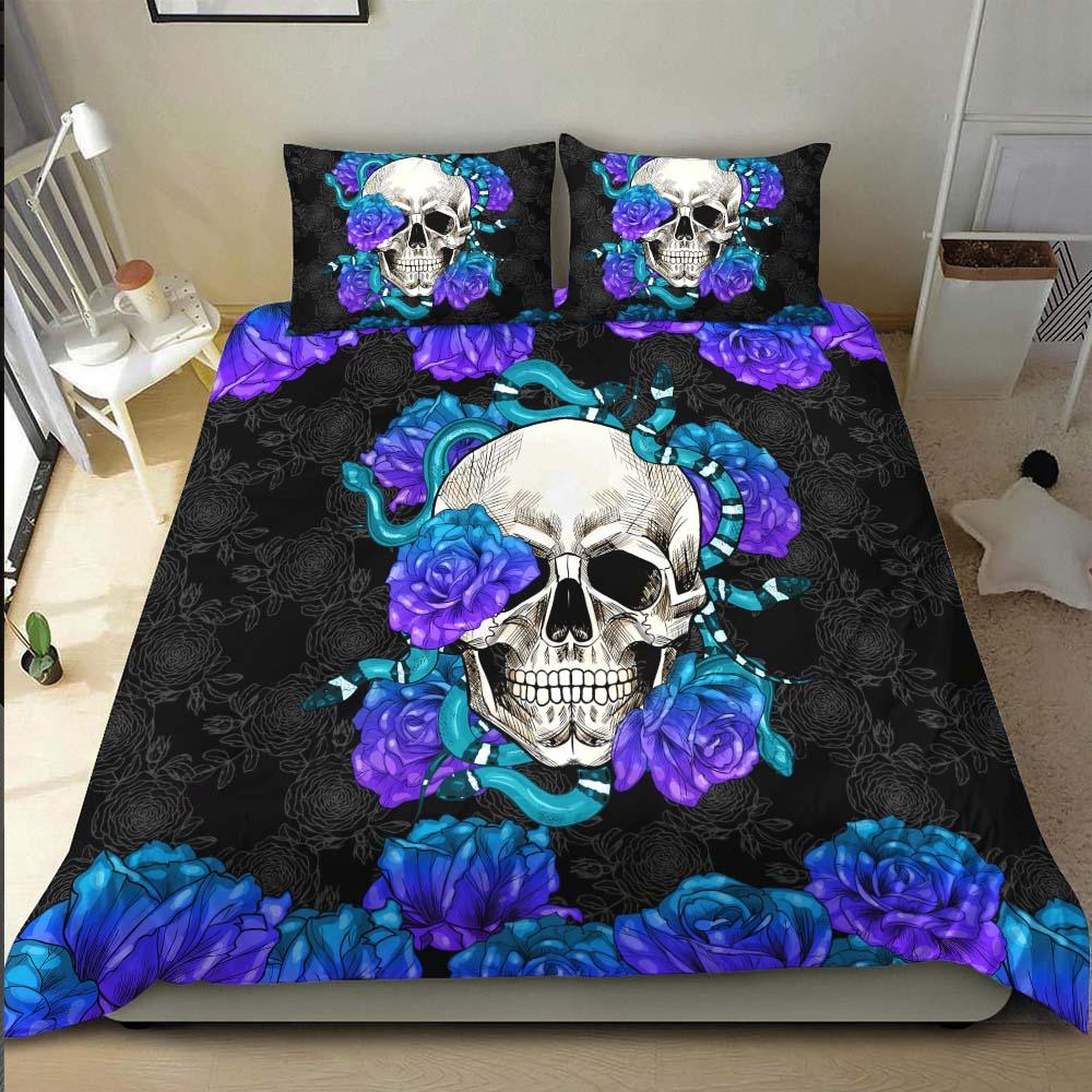 Skull Snake With Violet Gradient Roses Duvet Cover Set - Wonder Skull