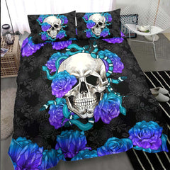 Skull Snake With Violet Gradient Roses Duvet Cover Set - Wonder Skull