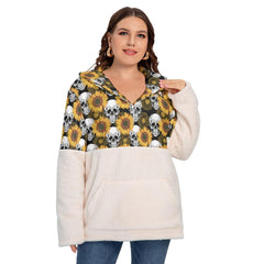 Skull Sunflower Borg Fleece Hoodie With Half Zip - Wonder Skull