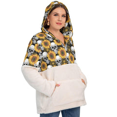 Skull Sunflower Borg Fleece Hoodie With Half Zip - Wonder Skull