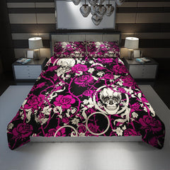Skull Vivid Pink Roses Pattern Duvet Cover Set - Wonder Skull