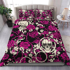 Skull Vivid Pink Roses Pattern Duvet Cover Set - Wonder Skull