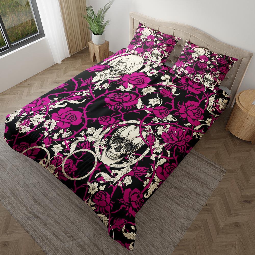 Skull Vivid Pink Roses Pattern Duvet Cover Set - Wonder Skull