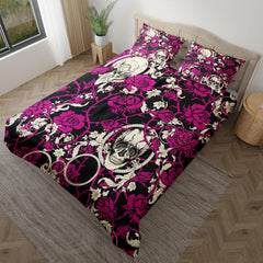 Skull Vivid Pink Roses Pattern Duvet Cover Set - Wonder Skull