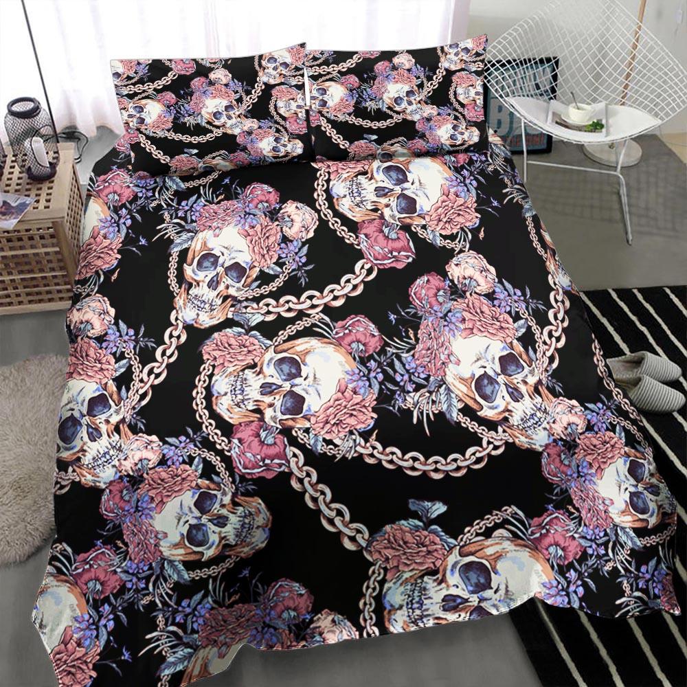 Skull With Chain And Wildflowers Duvet Cover Set - Wonder Skull