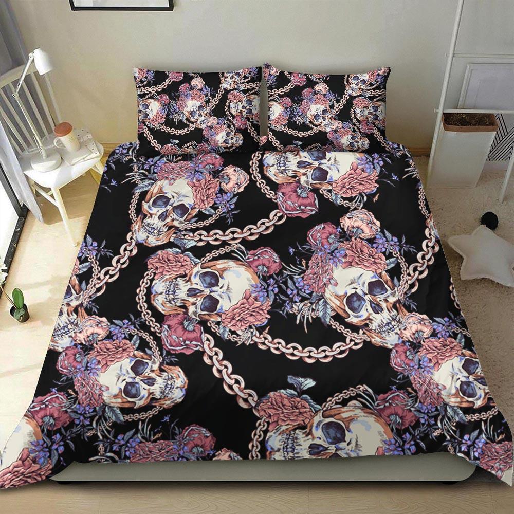 Skull With Chain And Wildflowers Duvet Cover Set - Wonder Skull