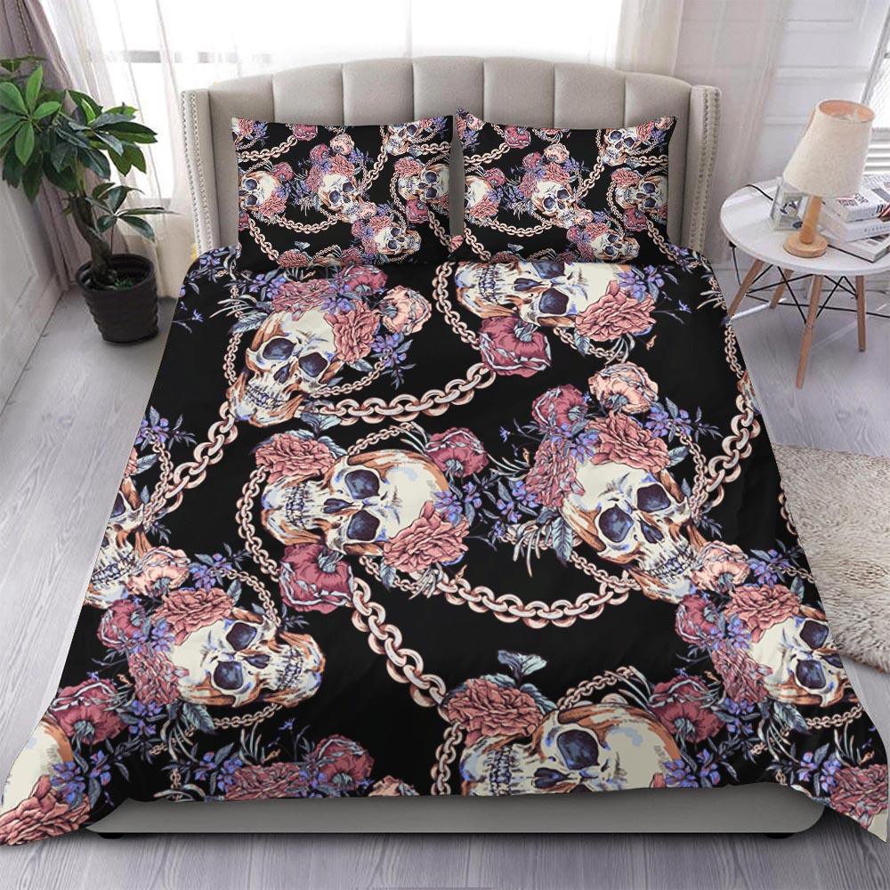Skull With Chain And Wildflowers Duvet Cover Set - Wonder Skull