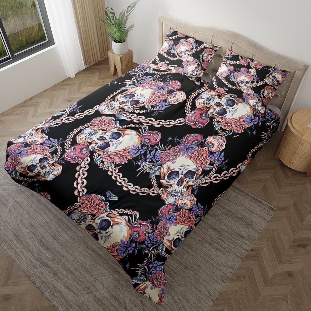 Skull With Chain And Wildflowers Duvet Cover Set - Wonder Skull