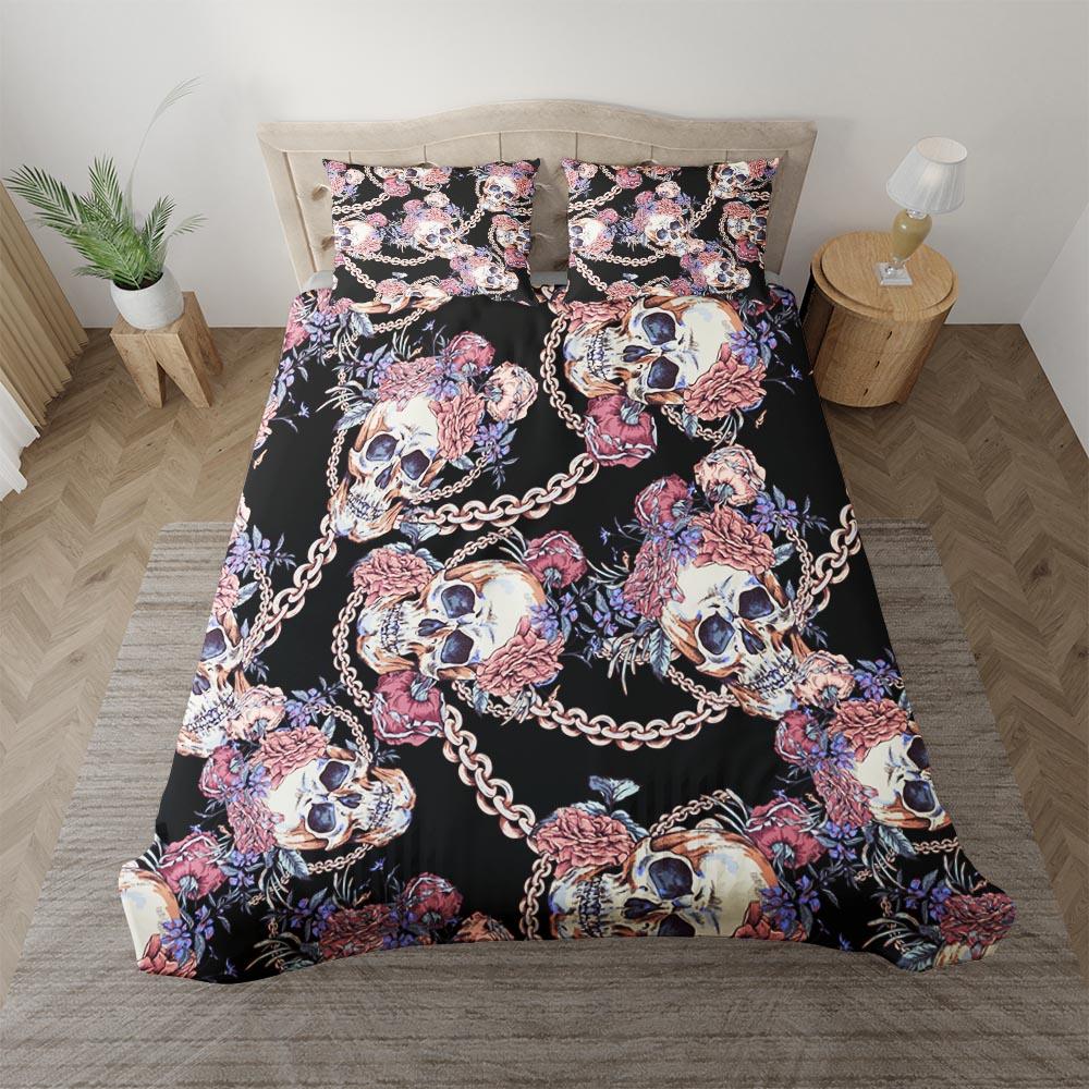 Skull With Chain And Wildflowers Duvet Cover Set - Wonder Skull