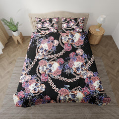Skull With Chain And Wildflowers Duvet Cover Set - Wonder Skull