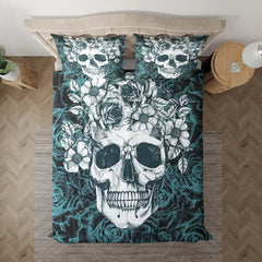 Skull With Light Cyan Rose Pattern Duvet Cover Set - Wonder Skull