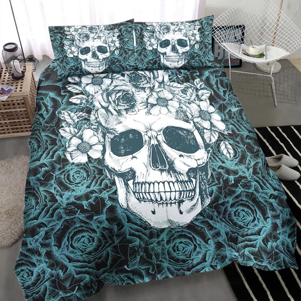 Skull With Light Cyan Rose Pattern Duvet Cover Set - Wonder Skull