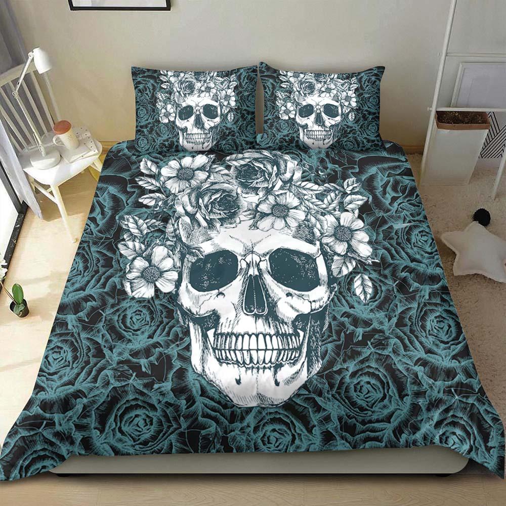 Skull With Light Cyan Rose Pattern Duvet Cover Set - Wonder Skull