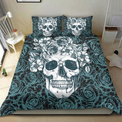 Skull With Light Cyan Rose Pattern Duvet Cover Set - Wonder Skull