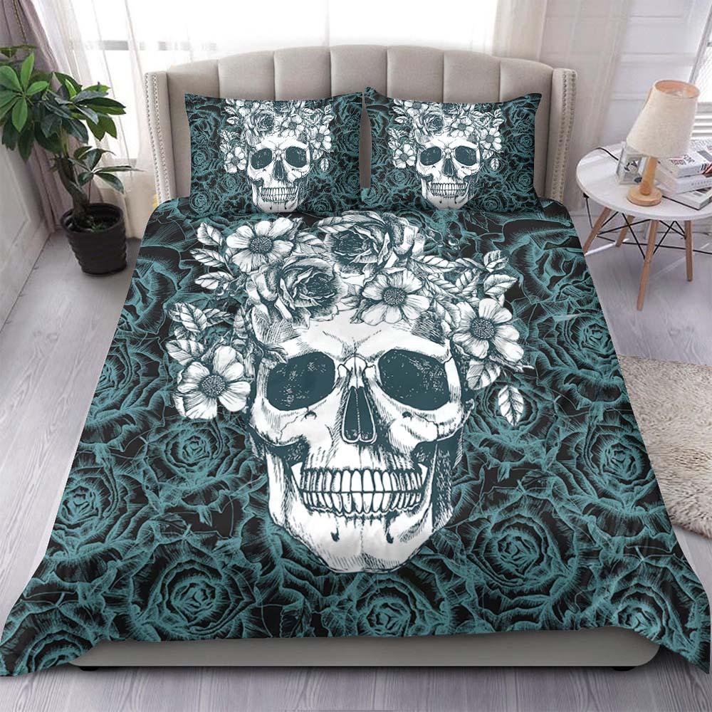 Skull With Light Cyan Rose Pattern Duvet Cover Set - Wonder Skull