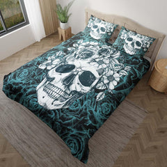 Skull With Light Cyan Rose Pattern Duvet Cover Set - Wonder Skull