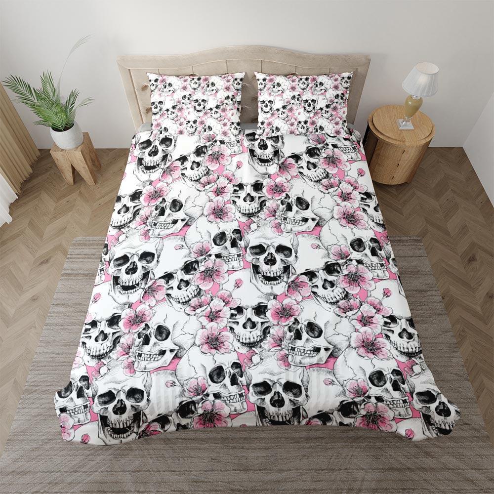 Skull With Pink Blossom Pattern Duvet Cover Set - Wonder Skull