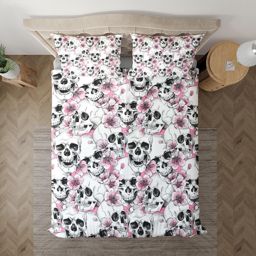Skull With Pink Blossom Pattern Duvet Cover Set - Wonder Skull