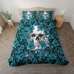 Strong Cyan Roses Skull Duvet Cover Set - Wonder Skull