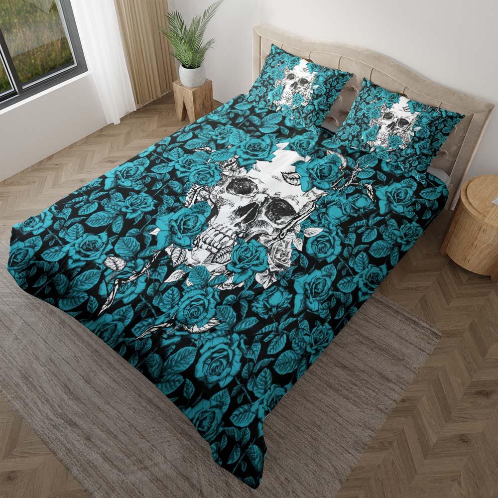 Strong Cyan Roses Skull Duvet Cover Set - Wonder Skull