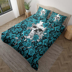 Strong Cyan Roses Skull Duvet Cover Set - Wonder Skull