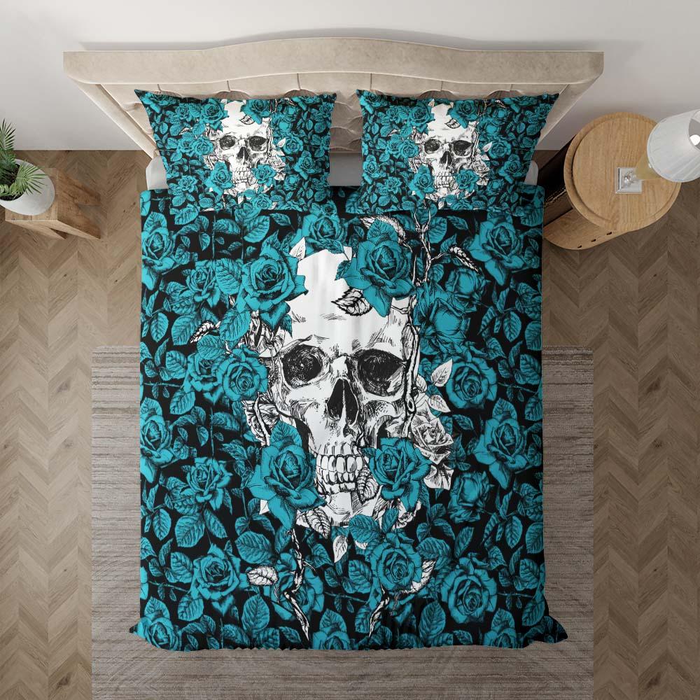 Strong Cyan Roses Skull Duvet Cover Set - Wonder Skull