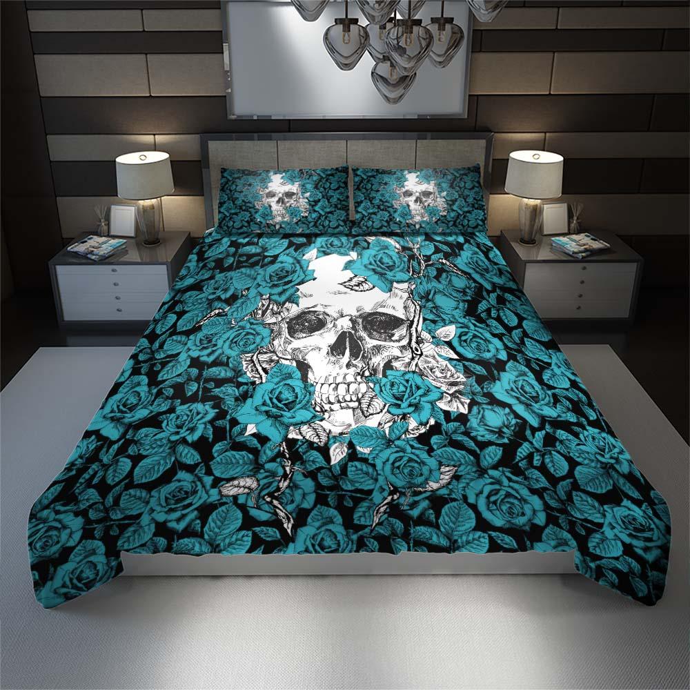 Strong Cyan Roses Skull Duvet Cover Set - Wonder Skull