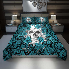 Strong Cyan Roses Skull Duvet Cover Set - Wonder Skull