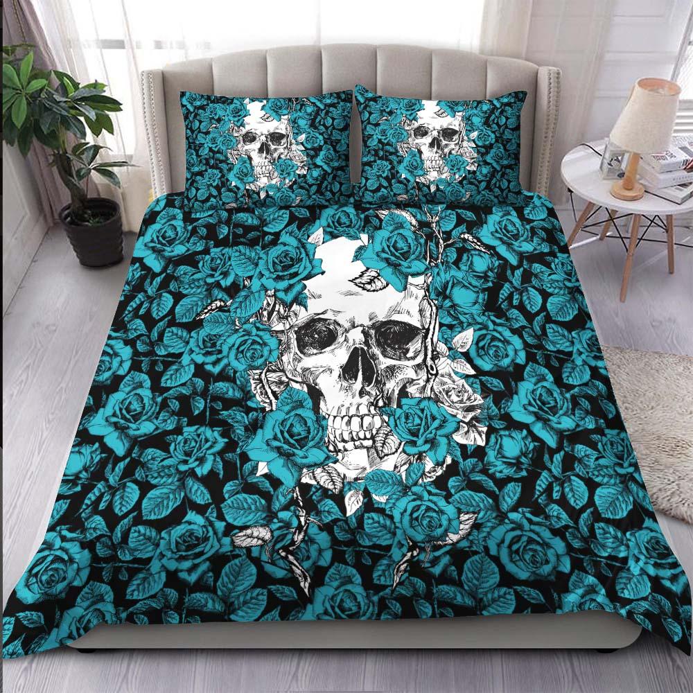 Strong Cyan Roses Skull Duvet Cover Set - Wonder Skull