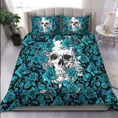Strong Cyan Roses Skull Duvet Cover Set - Wonder Skull