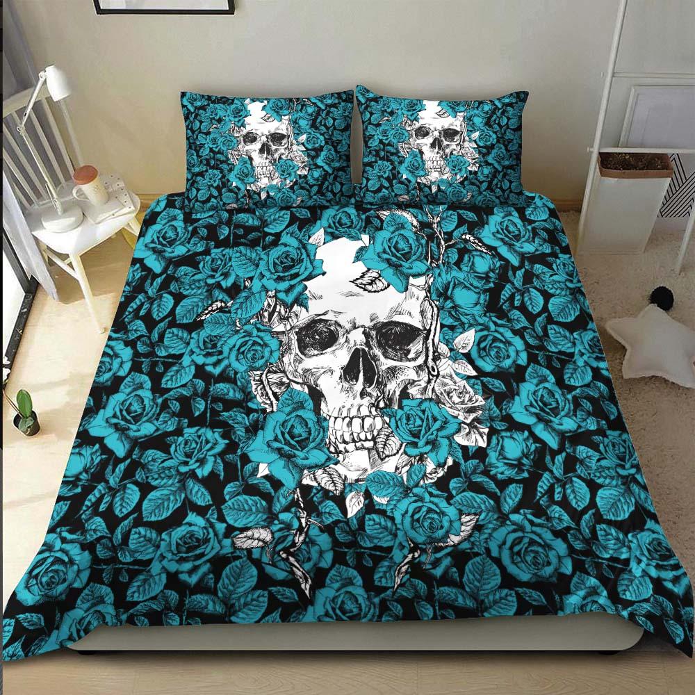 Strong Cyan Roses Skull Duvet Cover Set - Wonder Skull