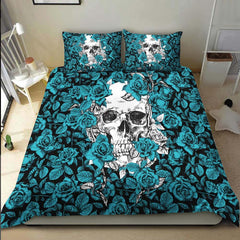 Strong Cyan Roses Skull Duvet Cover Set - Wonder Skull