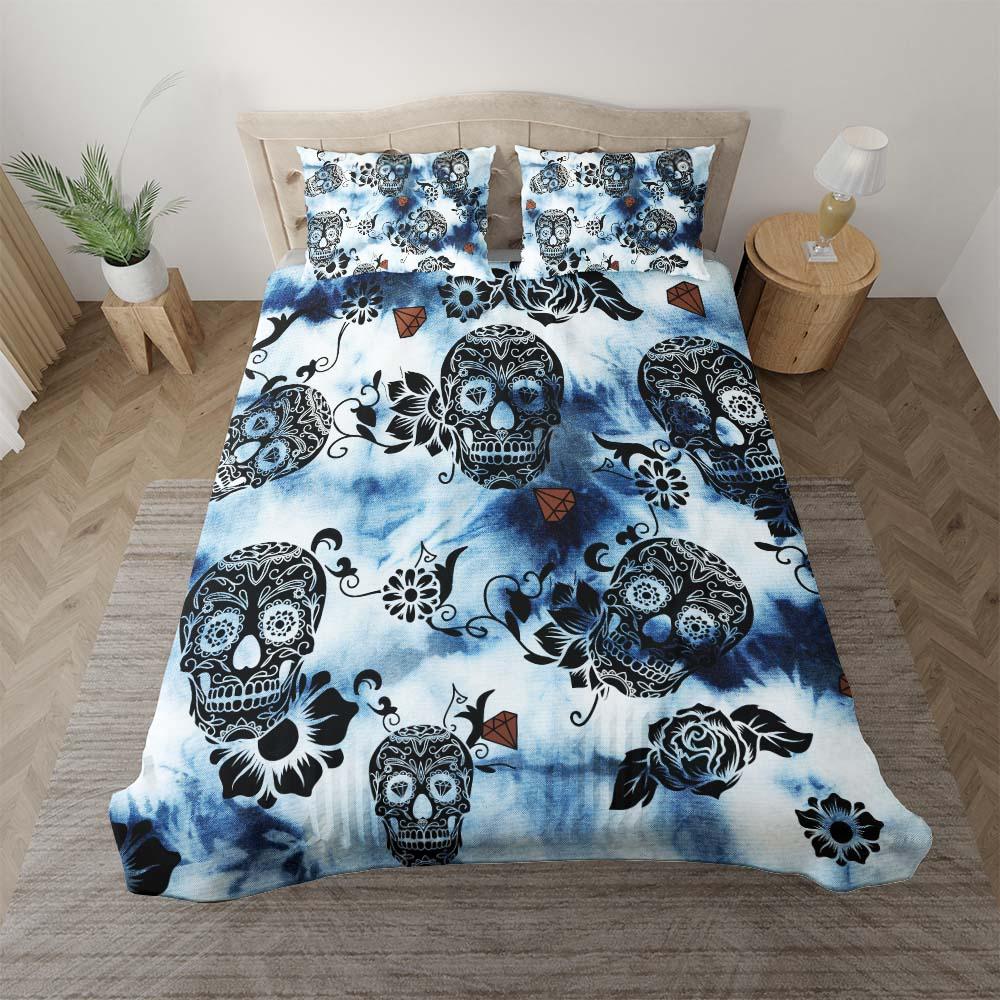 Tie Dye Dark Blue Luxury Sugar Skull Duvet Cover Set - Wonder Skull