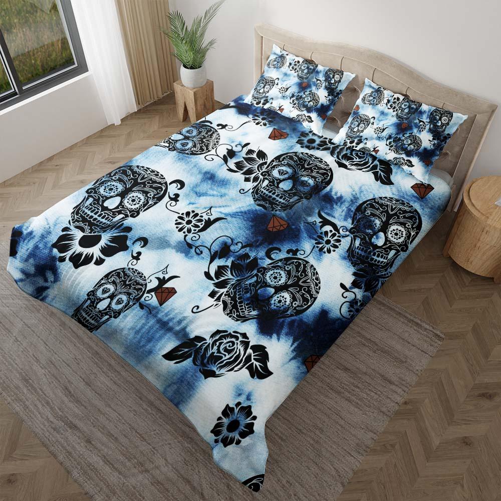 Tie Dye Dark Blue Luxury Sugar Skull Duvet Cover Set - Wonder Skull