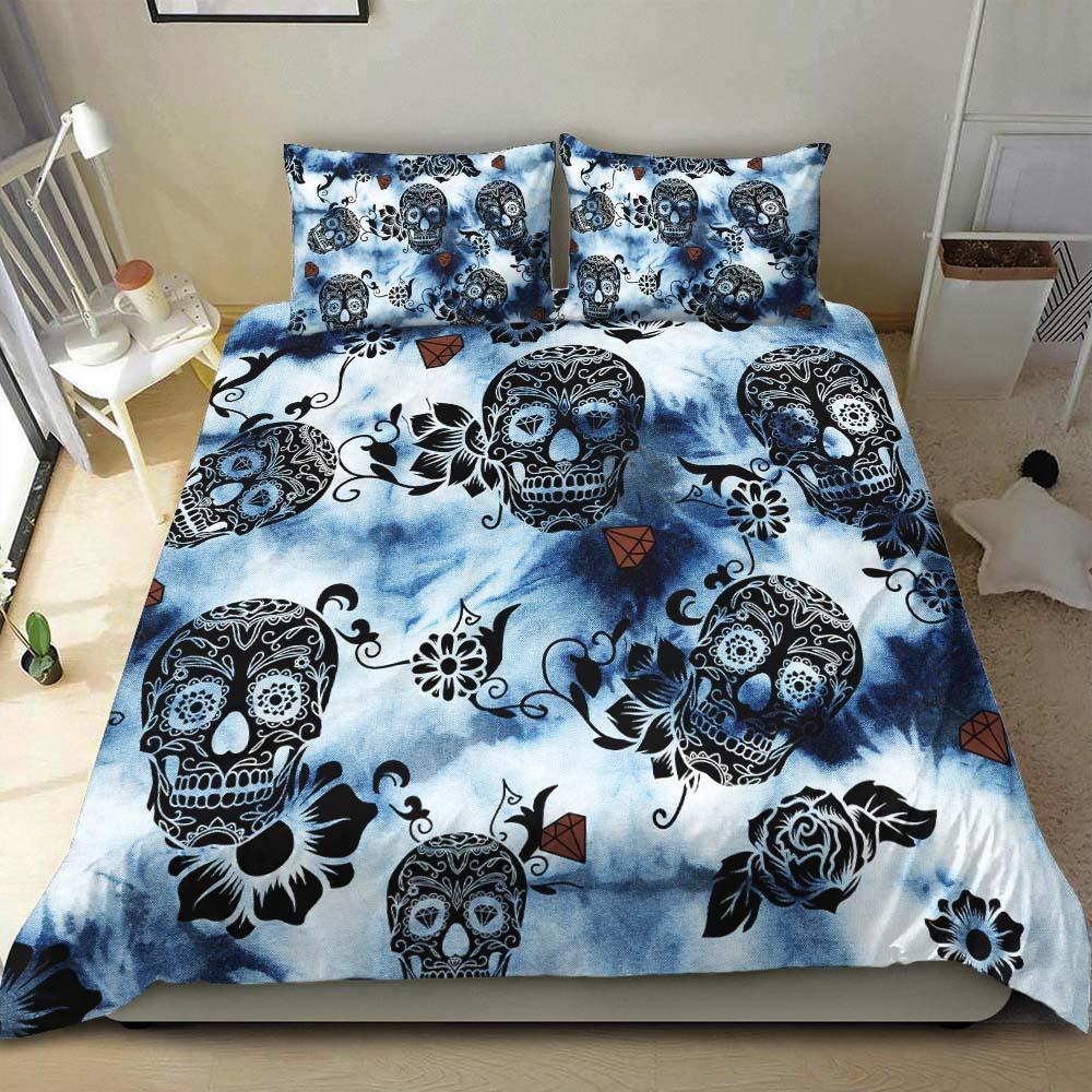 Tie Dye Dark Blue Luxury Sugar Skull Duvet Cover Set - Wonder Skull