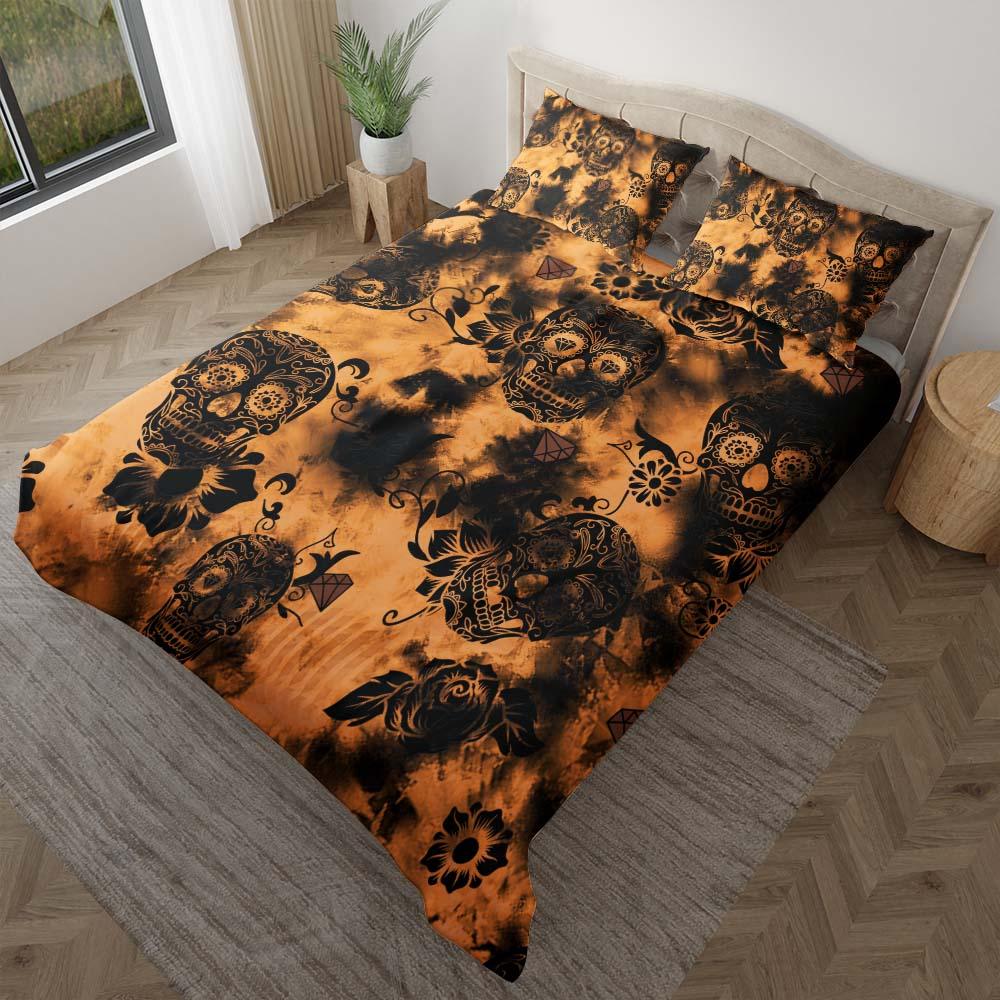 Tie Dye Dark Orange Luxury Sugar Skull Duvet Cover Set - Wonder Skull