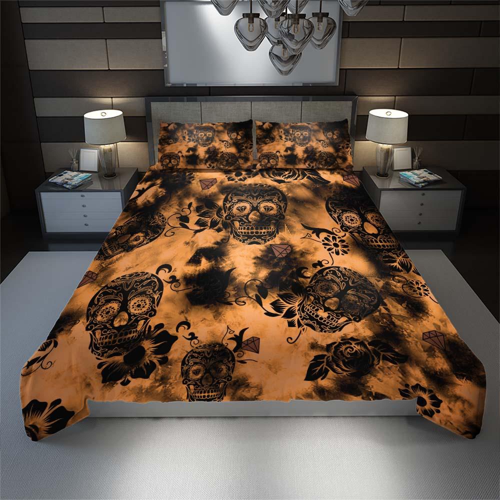 Tie Dye Dark Orange Luxury Sugar Skull Duvet Cover Set - Wonder Skull