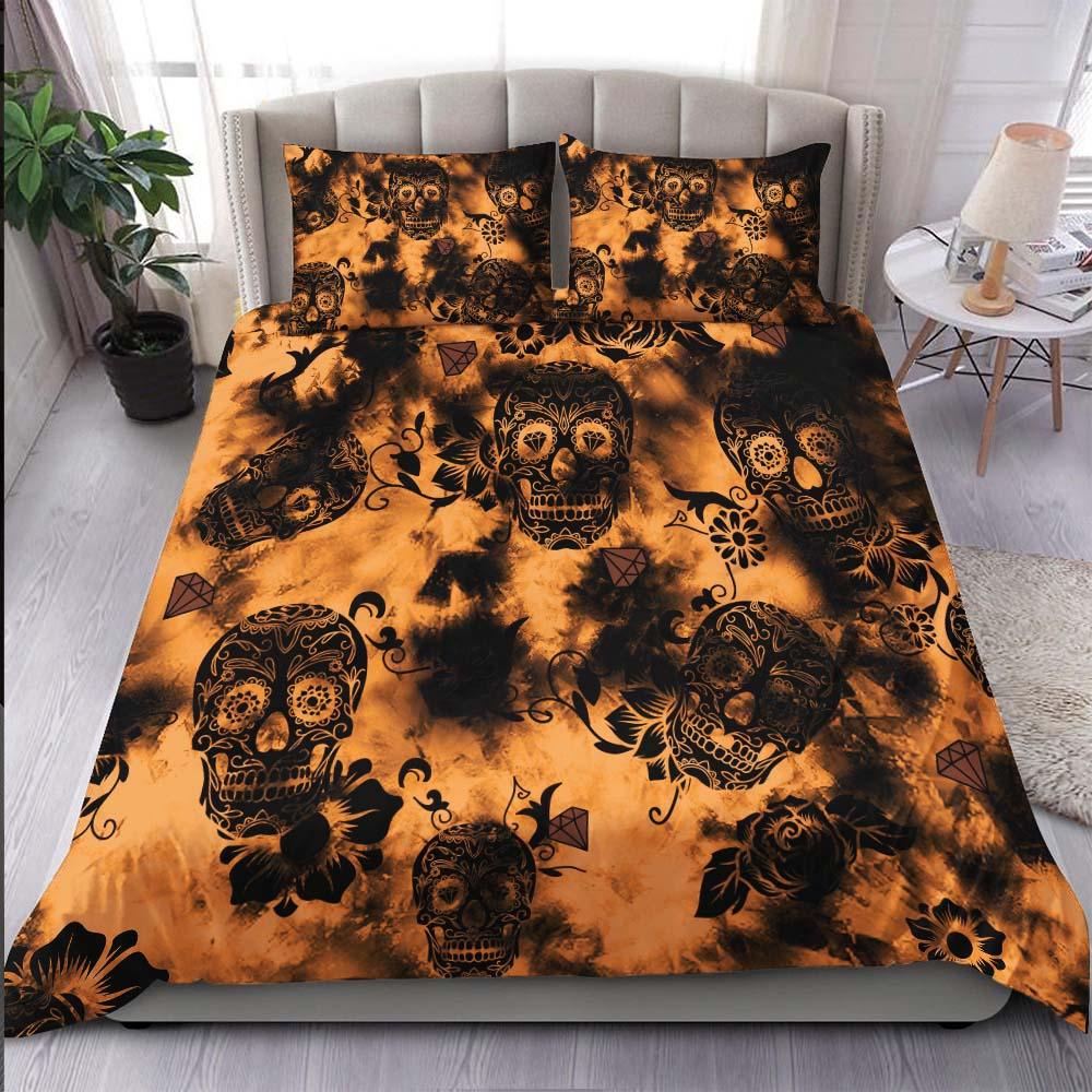 Tie Dye Dark Orange Luxury Sugar Skull Duvet Cover Set - Wonder Skull