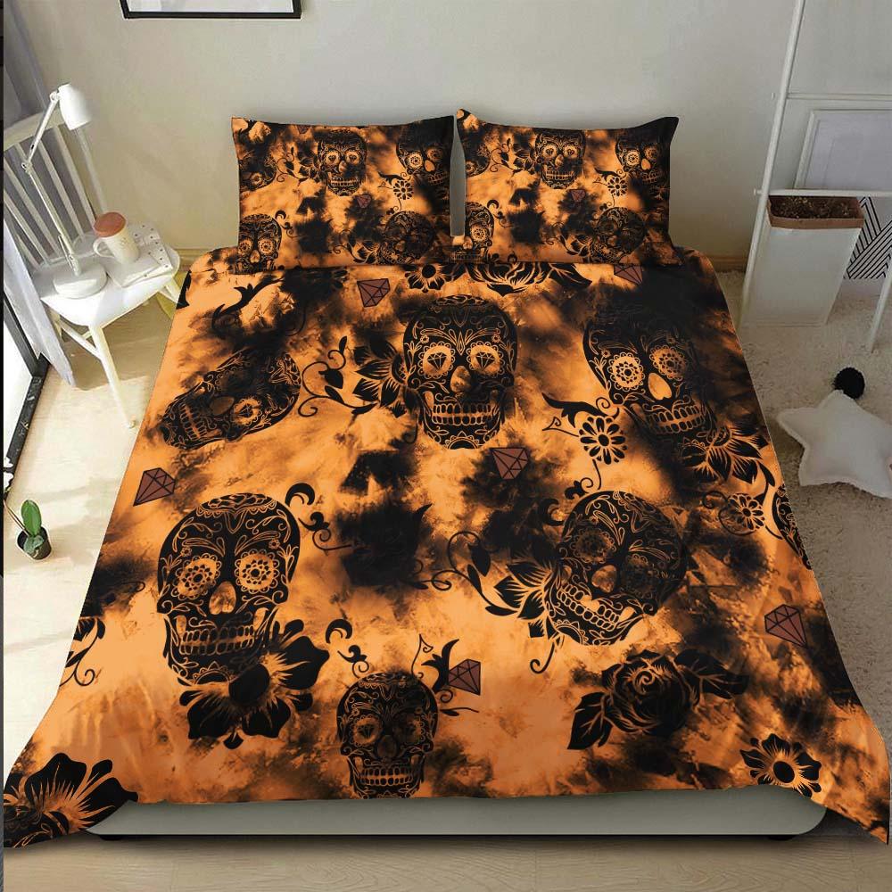 Tie Dye Dark Orange Luxury Sugar Skull Duvet Cover Set - Wonder Skull