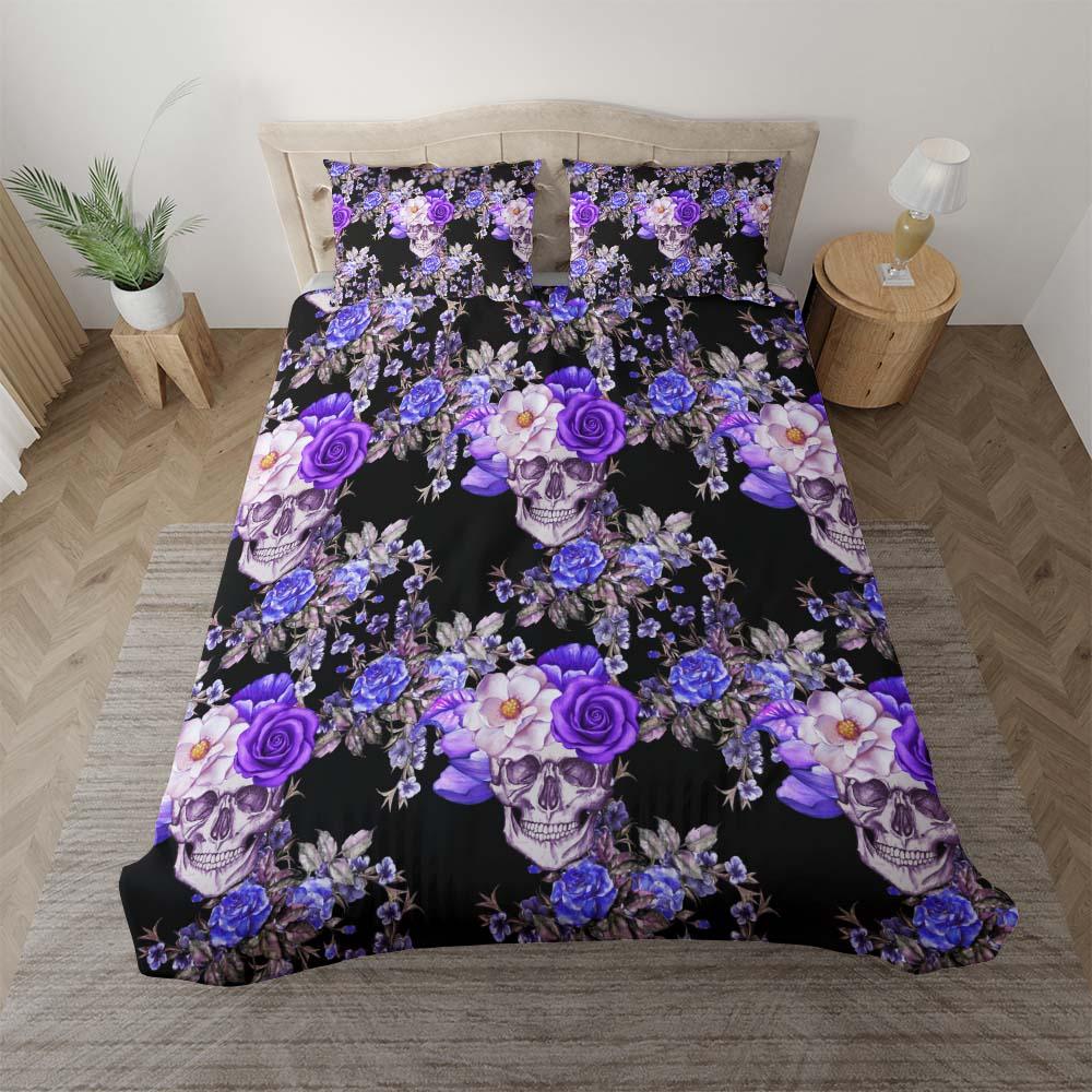 Violet Floral Skull Pattern Duvet Cover Set - Wonder Skull