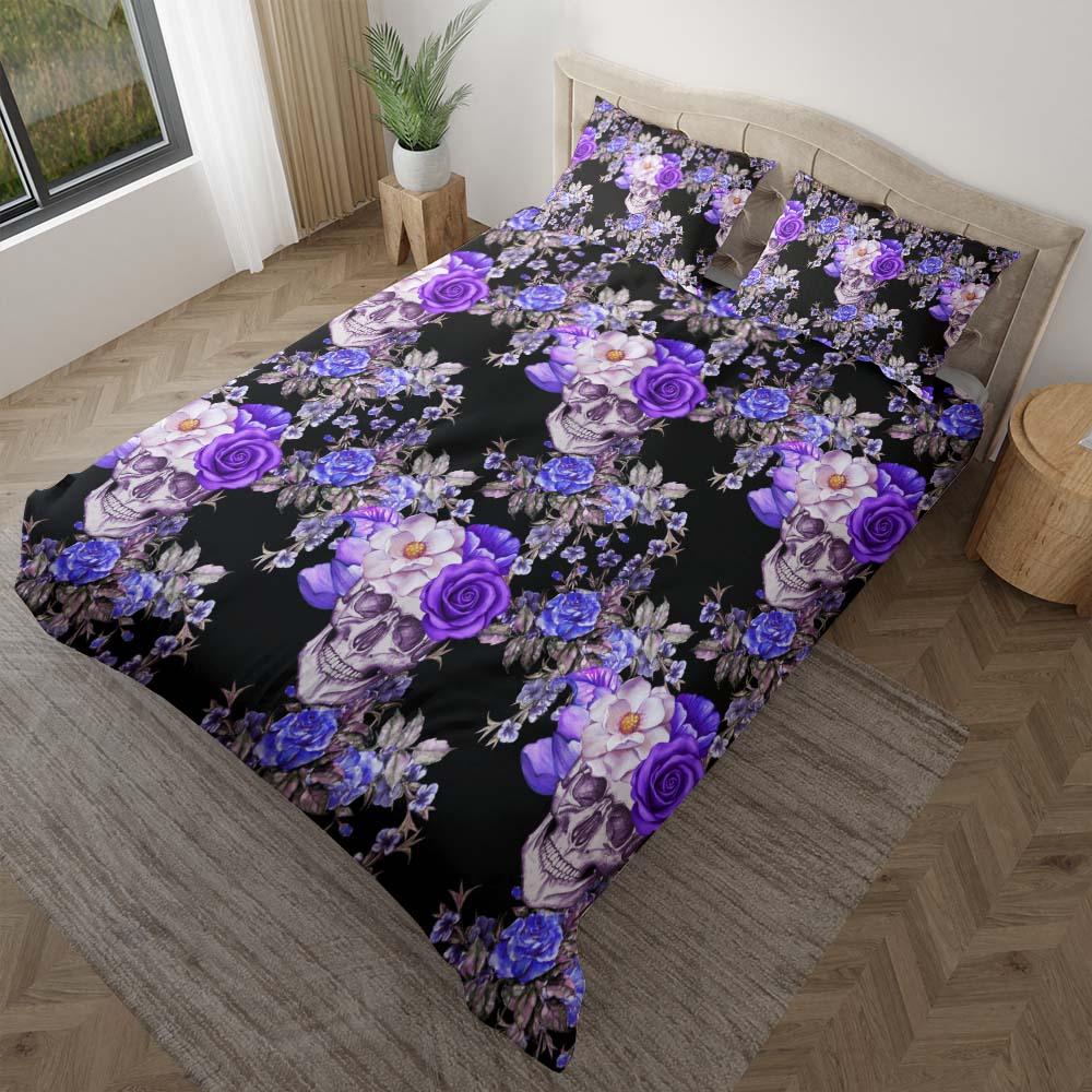 Violet Floral Skull Pattern Duvet Cover Set - Wonder Skull