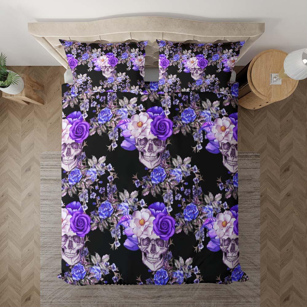 Violet Floral Skull Pattern Duvet Cover Set - Wonder Skull