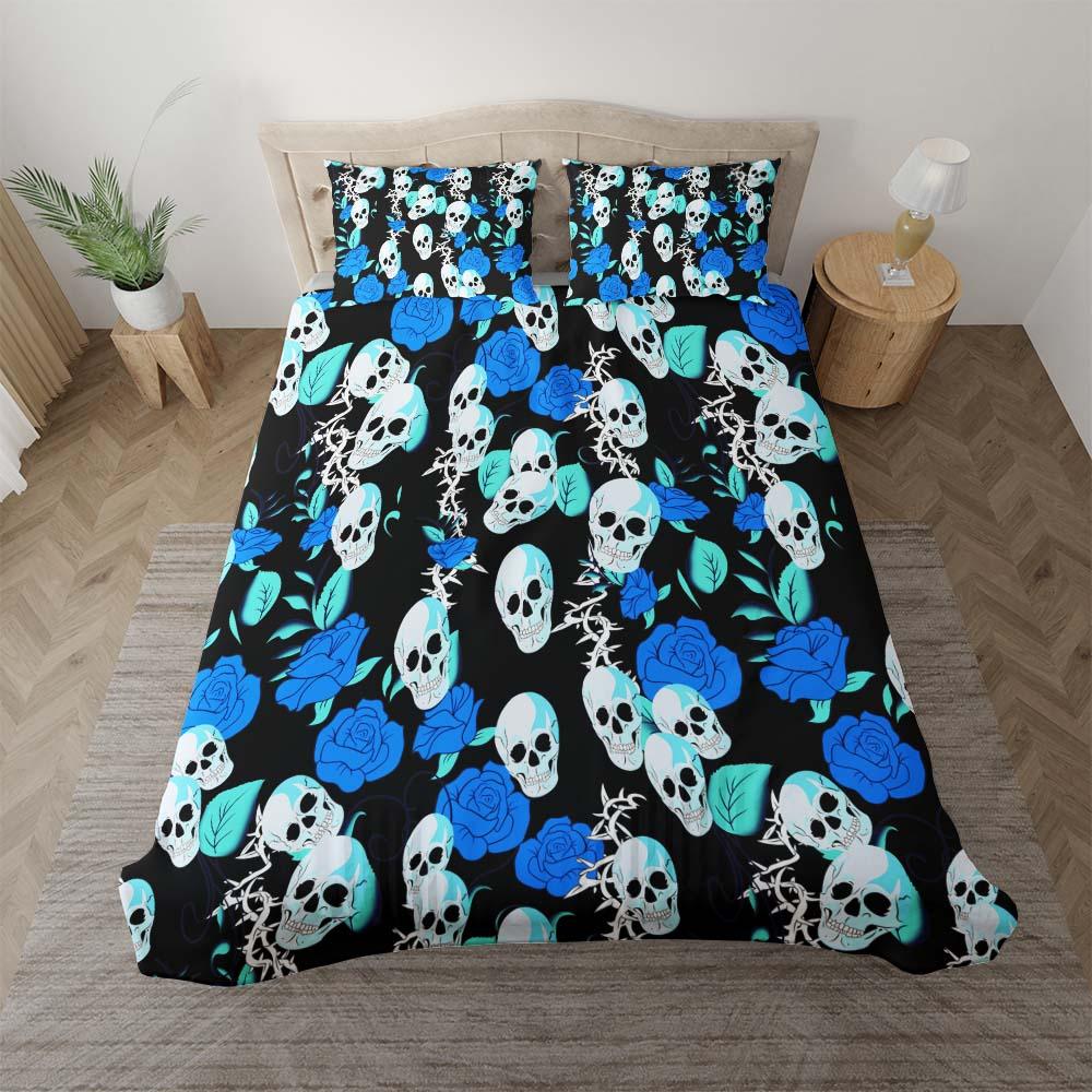 Vivid Blue Rose Skull Pattern Duvet Cover Set - Wonder Skull